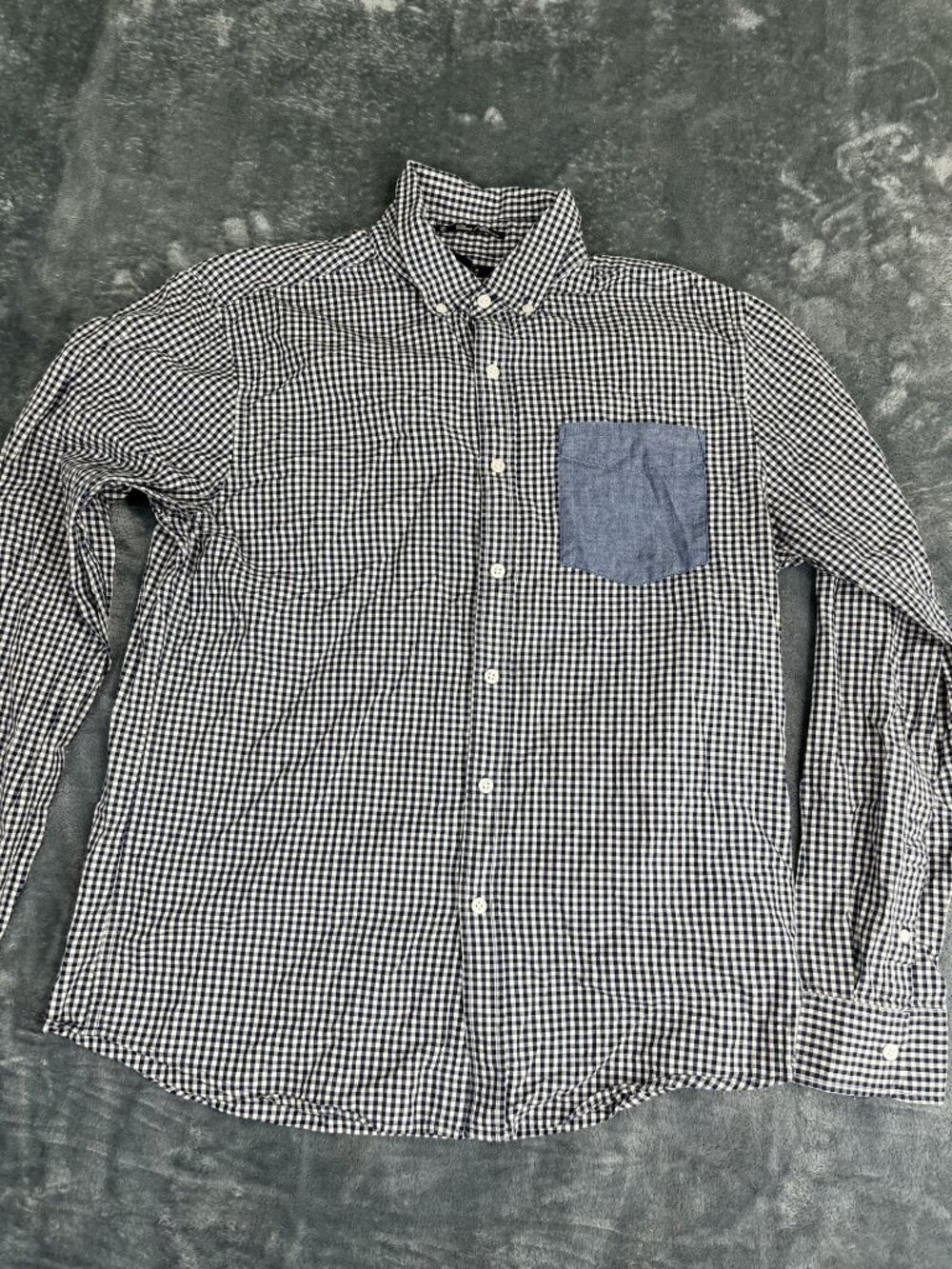 21 Men Navy White Gingham Button-Up Shirt Chambray Pocket L